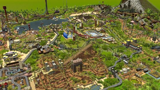 Captura de tela de um enorme parque do RollerCoaster Tycoon 3 para guia de jogos de parques temáticos