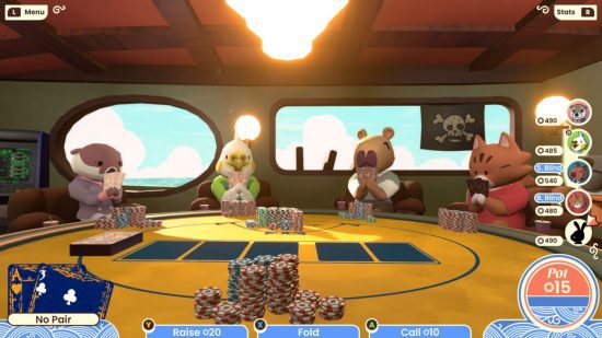 Jogos de pôquer Sunshine Shuffle: um grupo de animais jogando pôquer em uma mesa