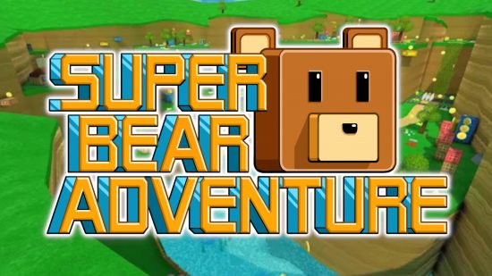 Jogos de urso: o logotipo do Super Bear Adventure colado em cima de uma captura de tela do jogo.