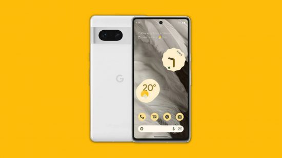 Google Pixel telefones Pixel 7 Pro em um fundo amarelo