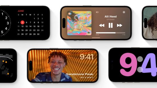 iOS-17-Características-2 iOS 17 apresenta cabeçalho mostrando vários iPhones no modo paisagem com diferentes widgets de fundo e fotos.