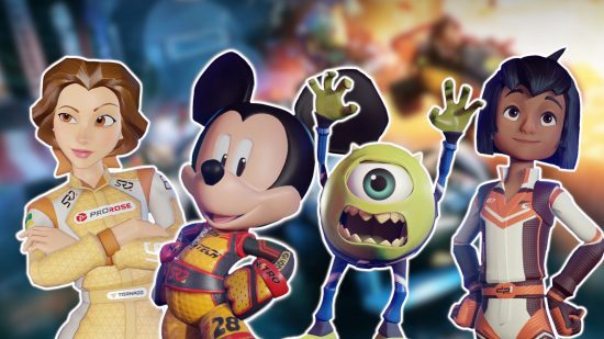 Disney Speedstorm personagens velocistas Personagens do Disney Speedstorm: um gráfico mostrando as versões do Disney Speeddstorm de Mickey Mouse, Mike Wazowski, Mowgli e Belle, todos delineados em branco e colados em um fundo desfocado