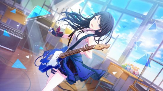 projeto sekai ichika 1 Personagens do Projeto Sekai: Ichika tocando uma guitarra elétrica azul.