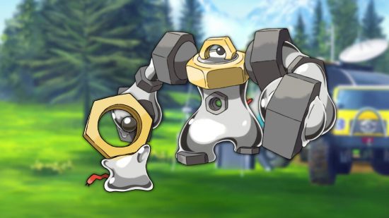 Pokémon raros Meltan e Melmetal Pokémon raros Meltan e Melmetal em um fundo de floresta