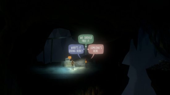 Revisão de sinais perdidos do Oxenfree II Revisão de Oxenfree II Lost Signals: duas pessoas em uma caverna escura com balões de fala acima de suas cabeças
