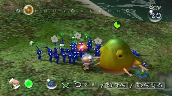 pikmin 1+2 revisão 2 Revisão de Pikmin 1 + 2: Olimar e um grupo de Pikmin azuis lutando contra um sapo gigante