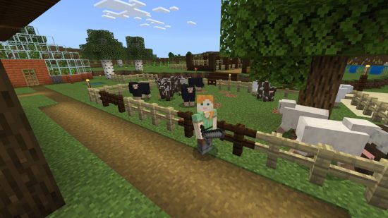 Servidores de Minecraft Servidores Minecraft: um jogador solitário em uma fazenda cheia de vacas e ovelhas