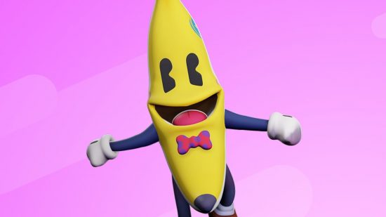 Skin Stumble Guys: A skin de banana Splitz em um fundo rosa