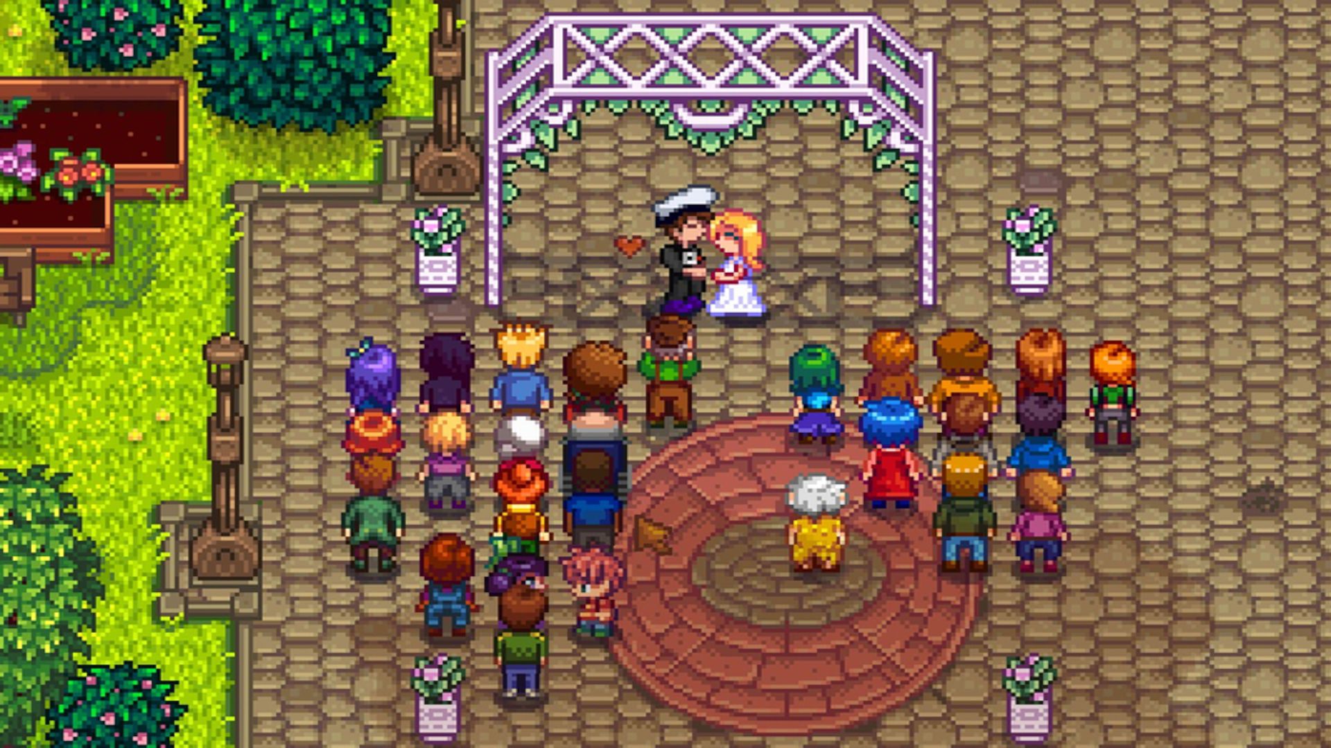 Um casamento entre um jogador e o NPC Haley, com convidados ao redor deles enquanto se beijam