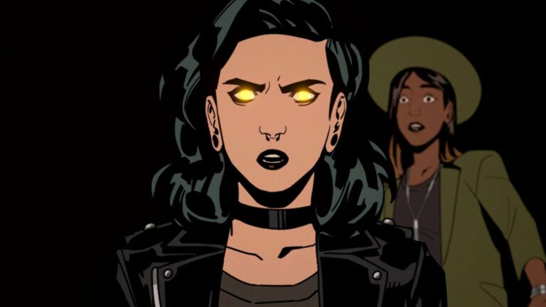 Grace from Stray Gods: The Roleplaying Musical with glowing yellow eyes.