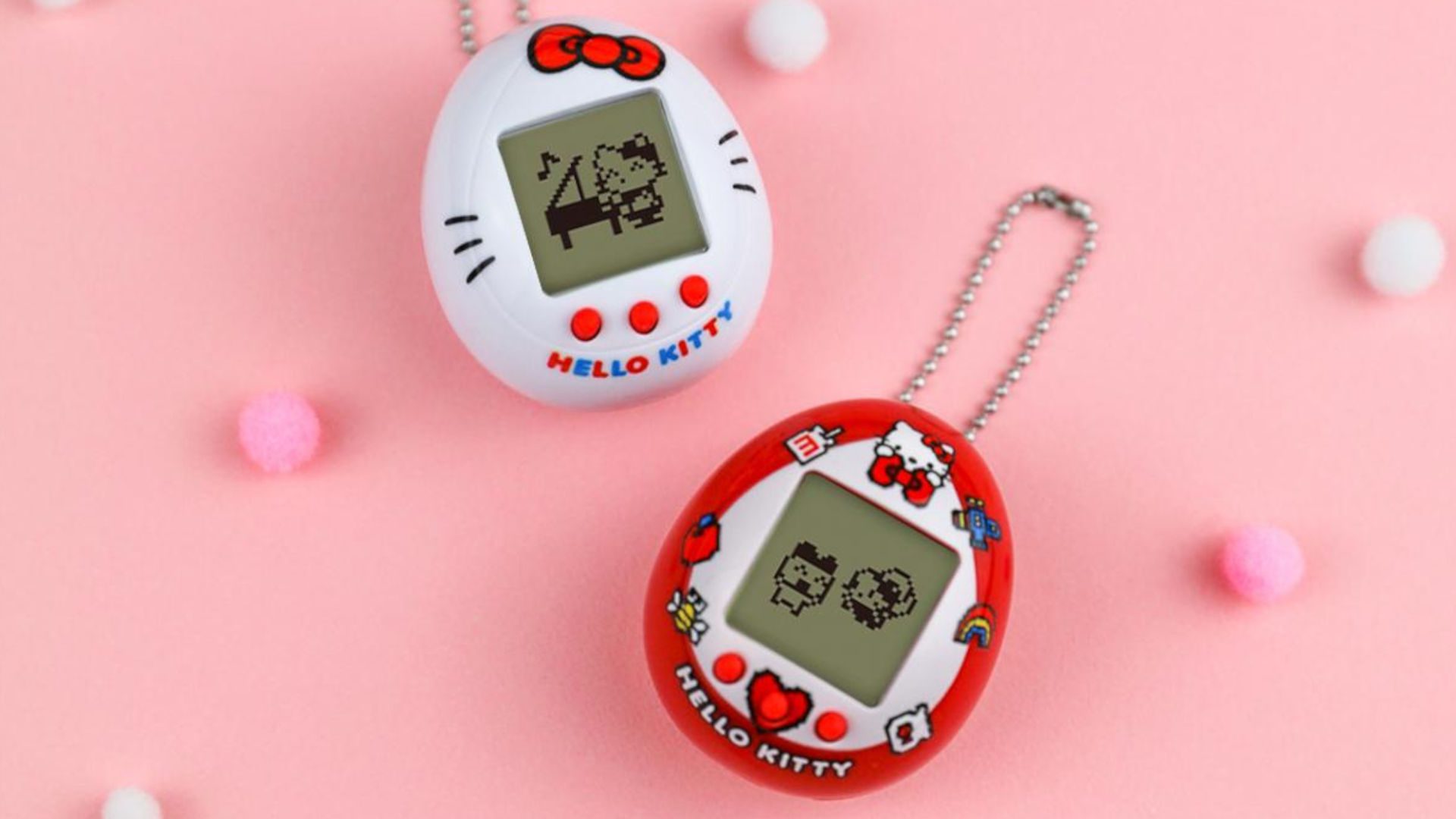 Arte promocional das linhas Tamagotchi Hello Kitty em um fundo rosa brilhante