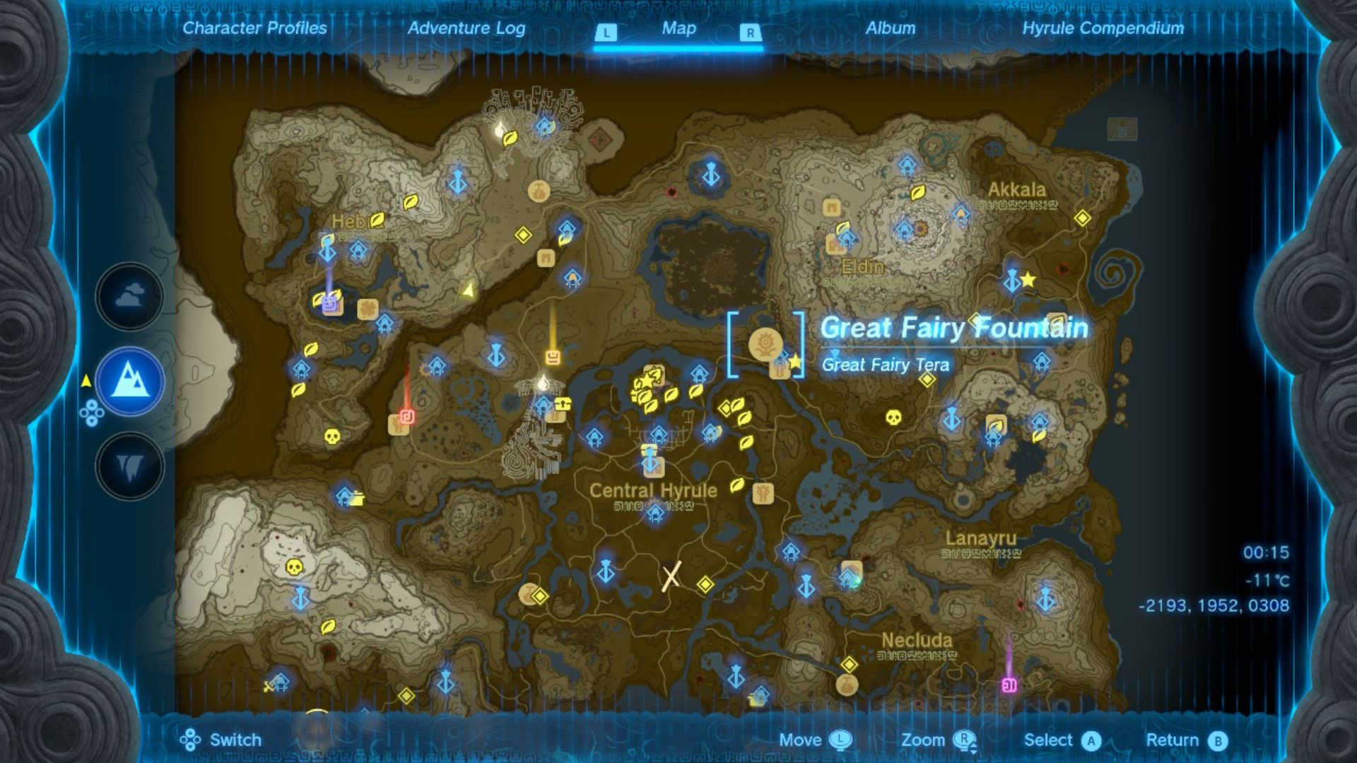 Zelda: Tears of the Kingdom grandes locais de fadas destacados em um mapa marrom e branco de Hyrule pontilhado com diferentes alfinetes e selos, estradas e rios.