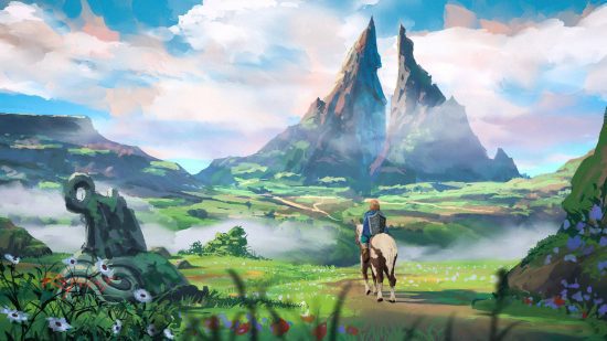 papéis de parede de zelda (1) Papéis de parede de Zelda: uma ilustração mostra Link a cavalo, olhando para as montanhas conhecidas como picos de duelo