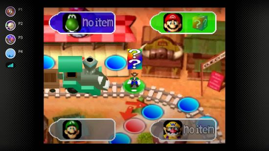 Mario Party games: um pequeno luigi em uma roupa de cowboy fica em alguns trilhos de trem