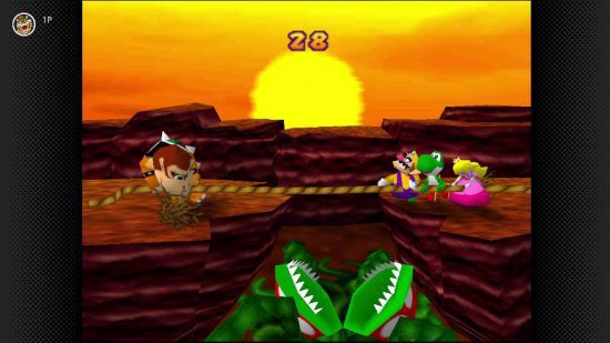Mario Party games: Mario e amigos lutam contra Donkey Kong num jogo de cabo-de-guerra
