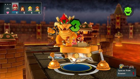 Mario Party games: Mario e vários outros amigos aparecem em um carro, tentando escae de Bowser