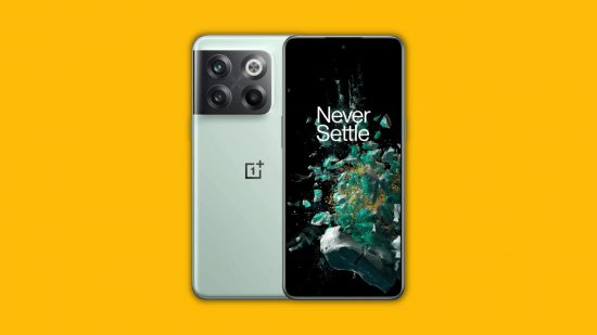 melhores T-telemóveis Oneplus Nord 10t melhores telefones T-mobile: um Oneplus Nord 10t verde sobre um fundo amarelo