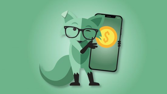 6 meses-mint-mobile-plan Planos móveis da Mint: a Raposa móvel da Mint segurando um telefone com um cifrão