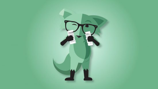 12 meses-mint-mobile-plan Planos móveis da Mint: a Raposa móvel da Mint rasgando uma conta de telefone ao meio e piscando