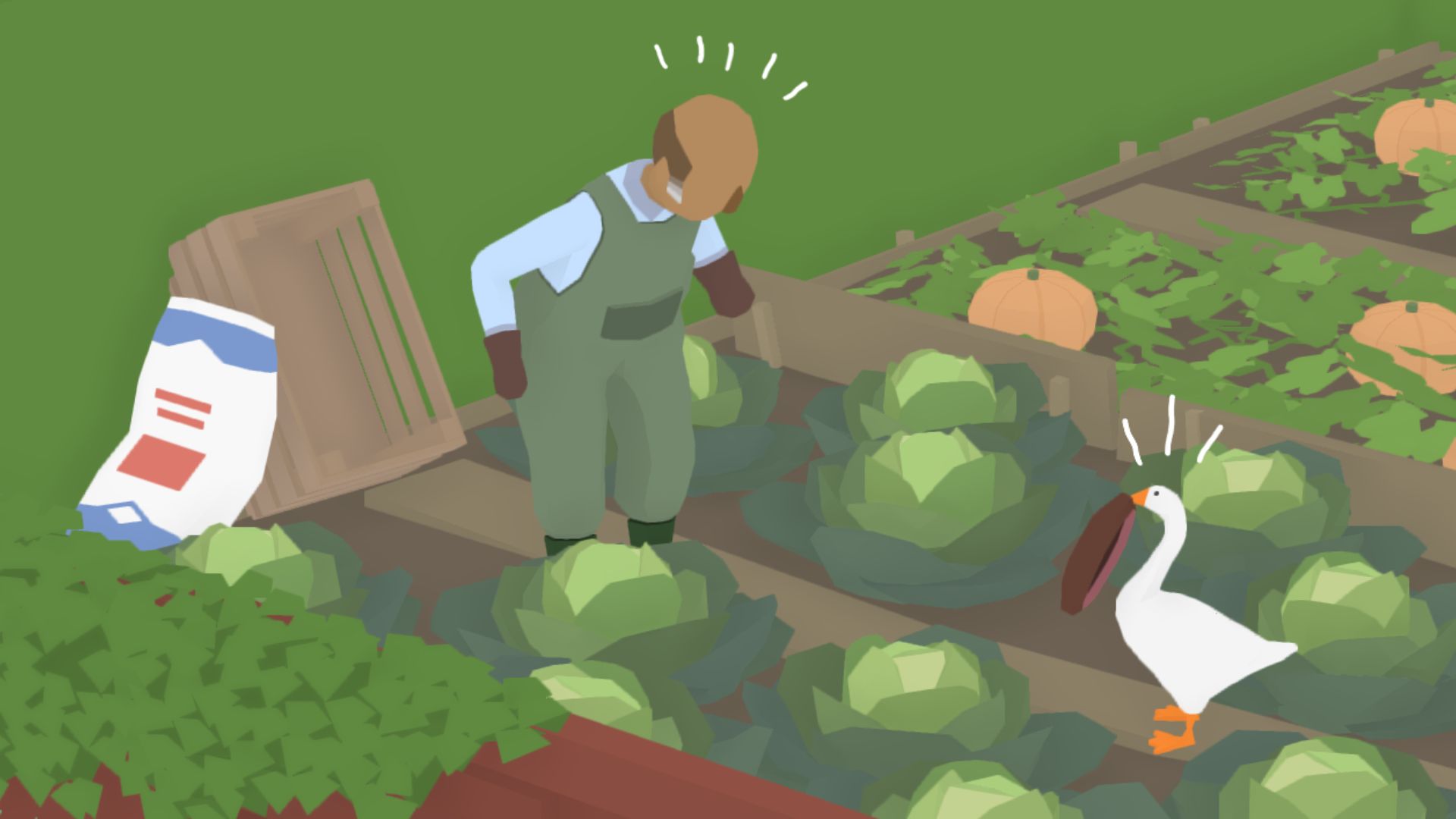 Um ganso, num canteiro de couve, com um gorro achatado na boca, a olhar para um velho careca de macacão. Acho que é o chapéu dele. Do jogo relaxante Untitled Goose Game.