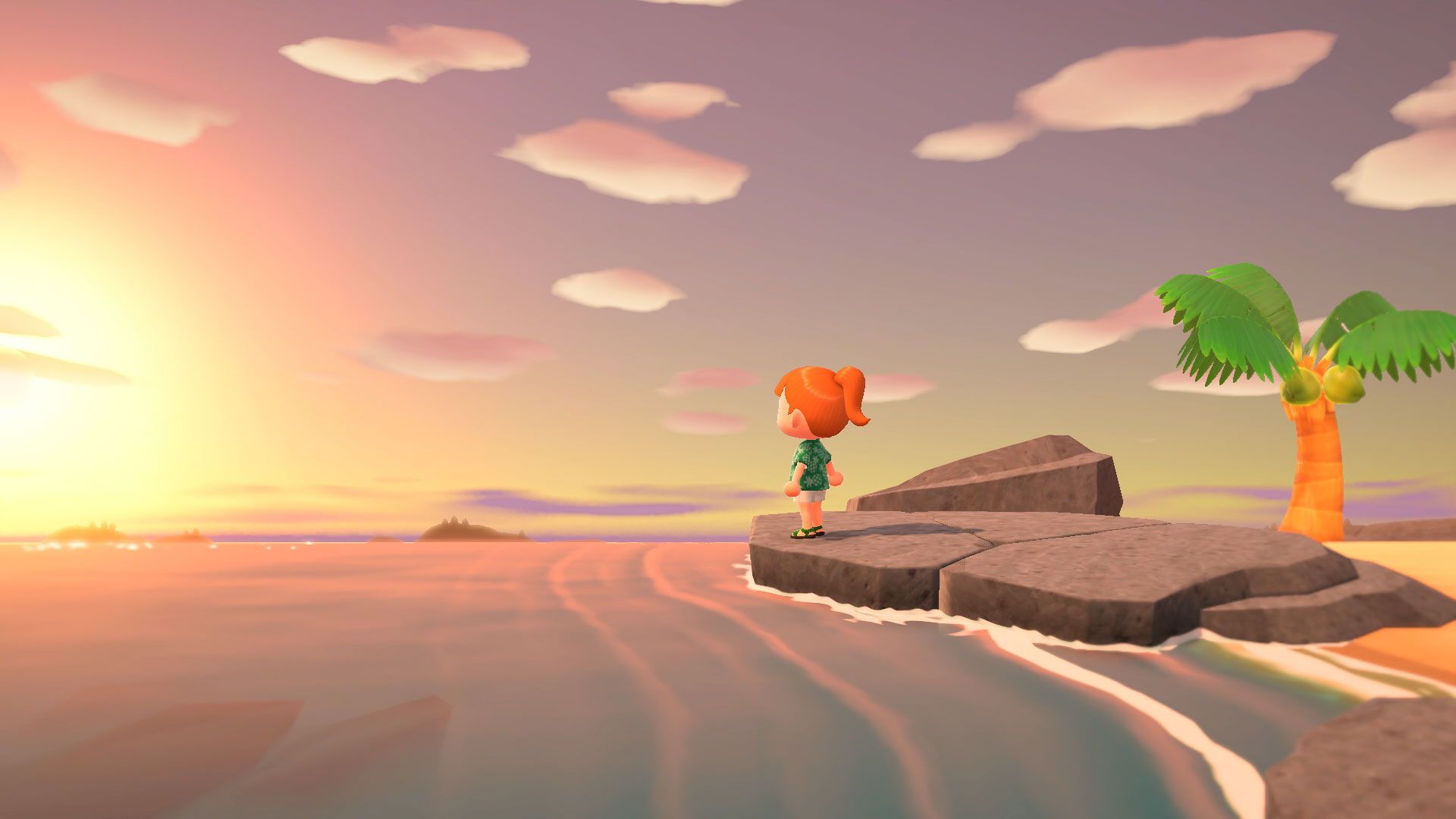 Um personagem está em um cais de pedra, olhando para o pôr do sol, no relaxante Jogo Animal Crossing.
