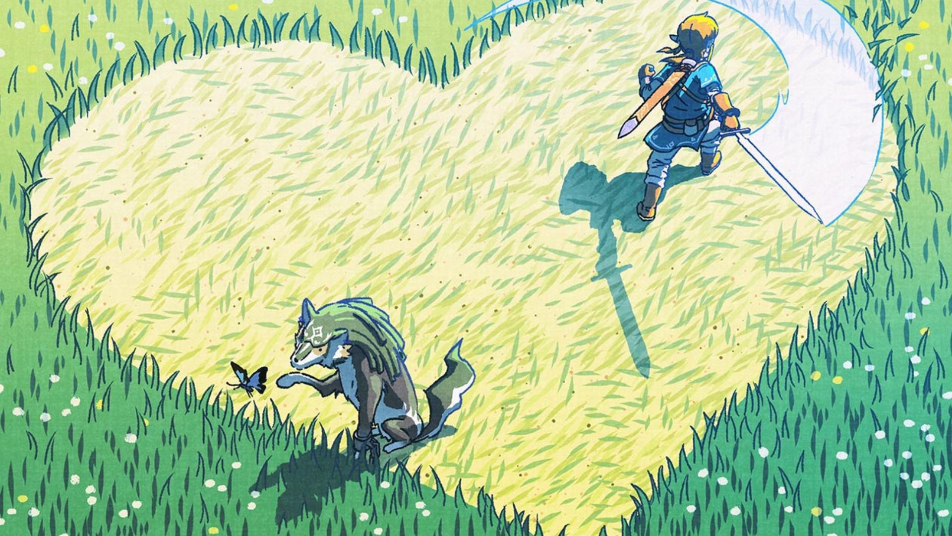 Link corta uma forma de coração em grama longa, como um animal brinca com uma borboleta, na arte do relaxante jogo The Legend of Zelda: Breath of The Wild.