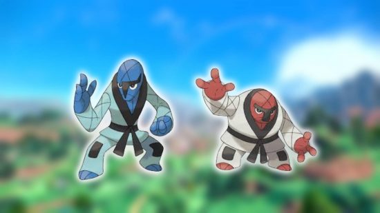 Pior Pokémon: os Pokémon de luta Sawk e Throh são mostrados contra um fundo desfocado