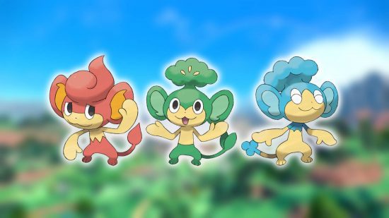 Pior Pokémon: Os Três Macacos Pokémon Panpour, Pansage e Pansear são mostrados contra um fundo desfocado