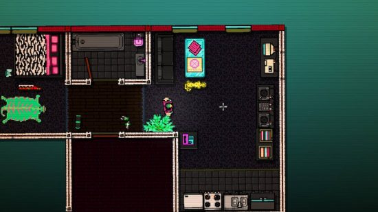 Hotline Miami Biker: uma vista de cima para baixo mostra um scerenshot do jogo Hotline Miami com o motociclista