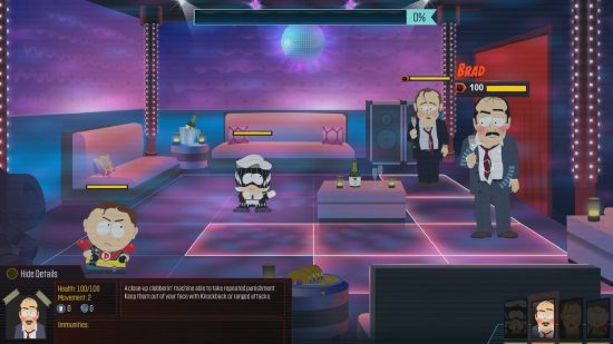 Jogos de cinema: uma captura de tela de South Park The Fractured but Whole mostra dois personagens lutando contra adultos em uma jogabilidade estratégica