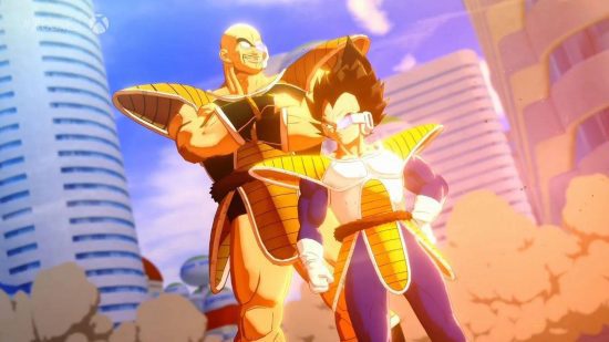Jogos de cinema: uma captura de tela de Dragon Ball Z Kakarot mostra Vegeta e Napa pousando na terra