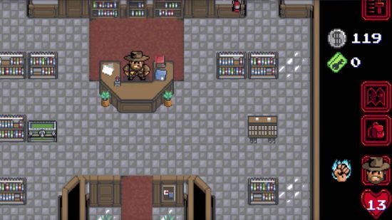 Jogos de cinema: uma cena pixelada mostra Hopper em uma biblioteca