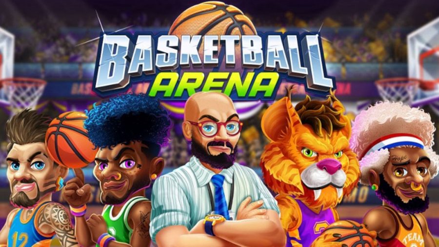 Arte da capa da arena de basquete, um dos jogos de basquete estilo cartoon