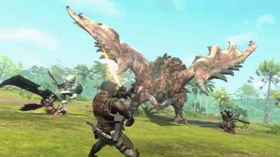 monster-hunter-agora-arma-tipos Monster Hunter Now tipos de armas: uma série de caçadores atacam um Rathian no jogo para celular Monster Hunter Now