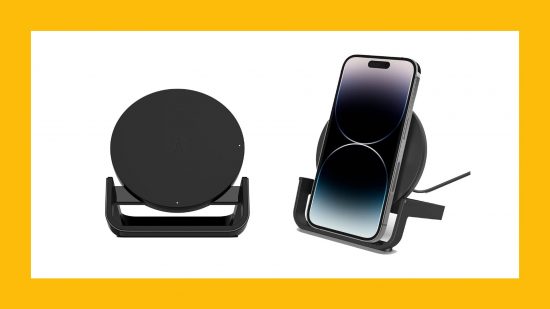Duas imagens dos Carregadores sem fios Belkin sobre um fundo amarelo