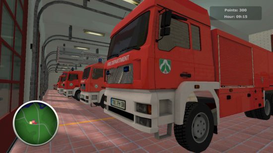 Jogos de bombeiro: uma captura de tela de Firefighters The Simulation mostrando os caminhões de bombeiros alinhados e estacionados no corpo de bombeiros