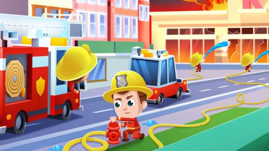 Jogos de bombeiro: Arte de Idle Firefighter Tycoon mostrando um bombeiro conectando uma mangueira a um hidrante enquanto os carros se dirigem para um prédio em chamas ao fundo