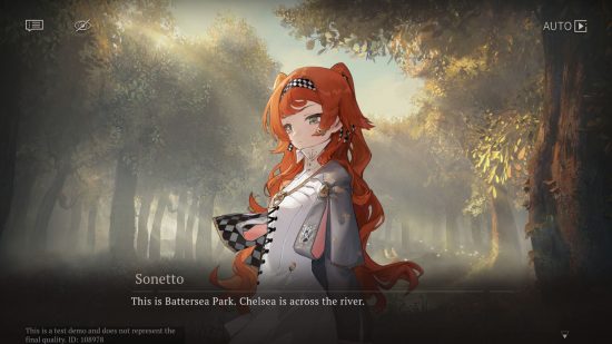 Captura de tela de revisão de 1999 reversa mostrando uma mulher com cabelos mais finos em um vestido branco em pé na floresta.