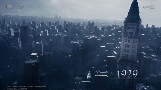Captura de tela de revisão de 1999 reversa mostrando o horizonte de Nova York em 1929, todo esfumaçado com o Empire State Building em primeiro plano.