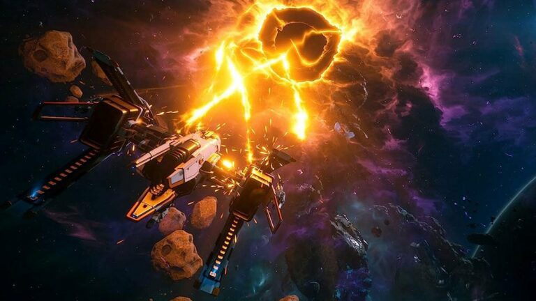 Spaceship in Everspace 2 firing at asteroid.