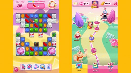 jogos de toalete candy crush jogos de toalete candy Crush: duas capturas de tela do jogo mostrando um nível e um mapa