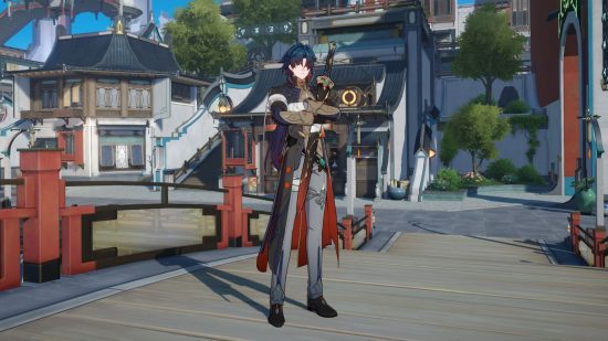 jogos de toalete Honkai Star Rail jogos de banheiro Honkai Star Rail: Blade em pé com sua espada em uma cidade vazia