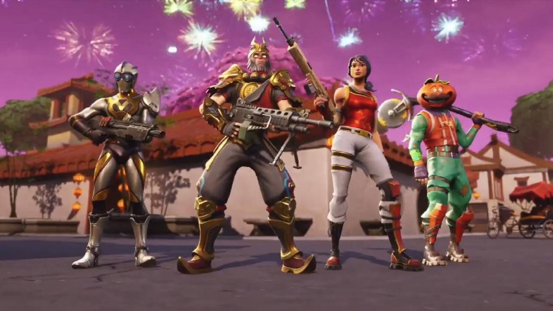 melhores jogos de troca grátis Vários personagens do Fortnite estão em fila, segurando várias armas