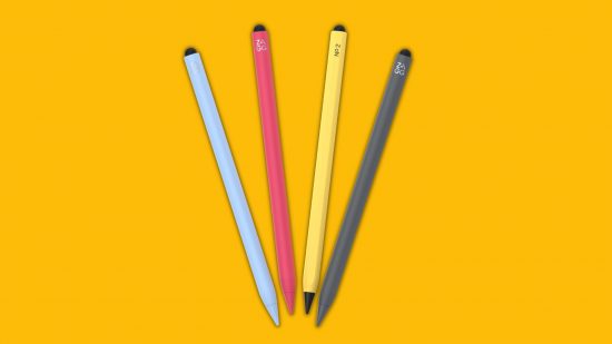 melhor caneta ipad Zagg Pro stylus 2 em cores diferentes em um fundo amarelo