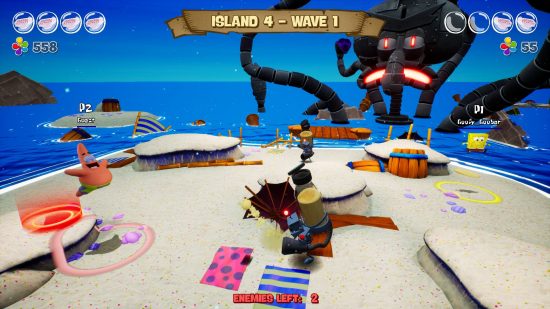 Jogos de Bob Esponja Battle for Bikini Bottom reidratado: uma cena de luta em uma praia perto do mar
