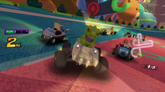Jogos de Bob Esponja Nickelodeon Kart Racers: personagens de desenhos animados em carros de corrida em uma pista brilhante