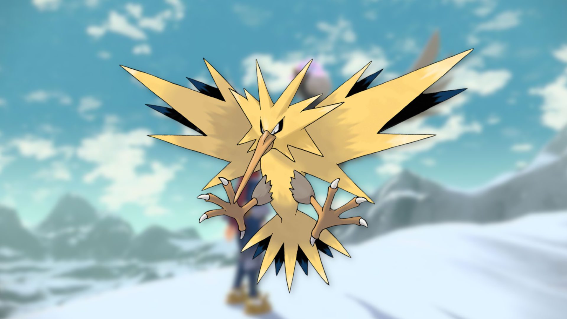 Imagem do pássaro Pokémon Zapdos em sua clássica pose intimidadora com asas apontadas para cima