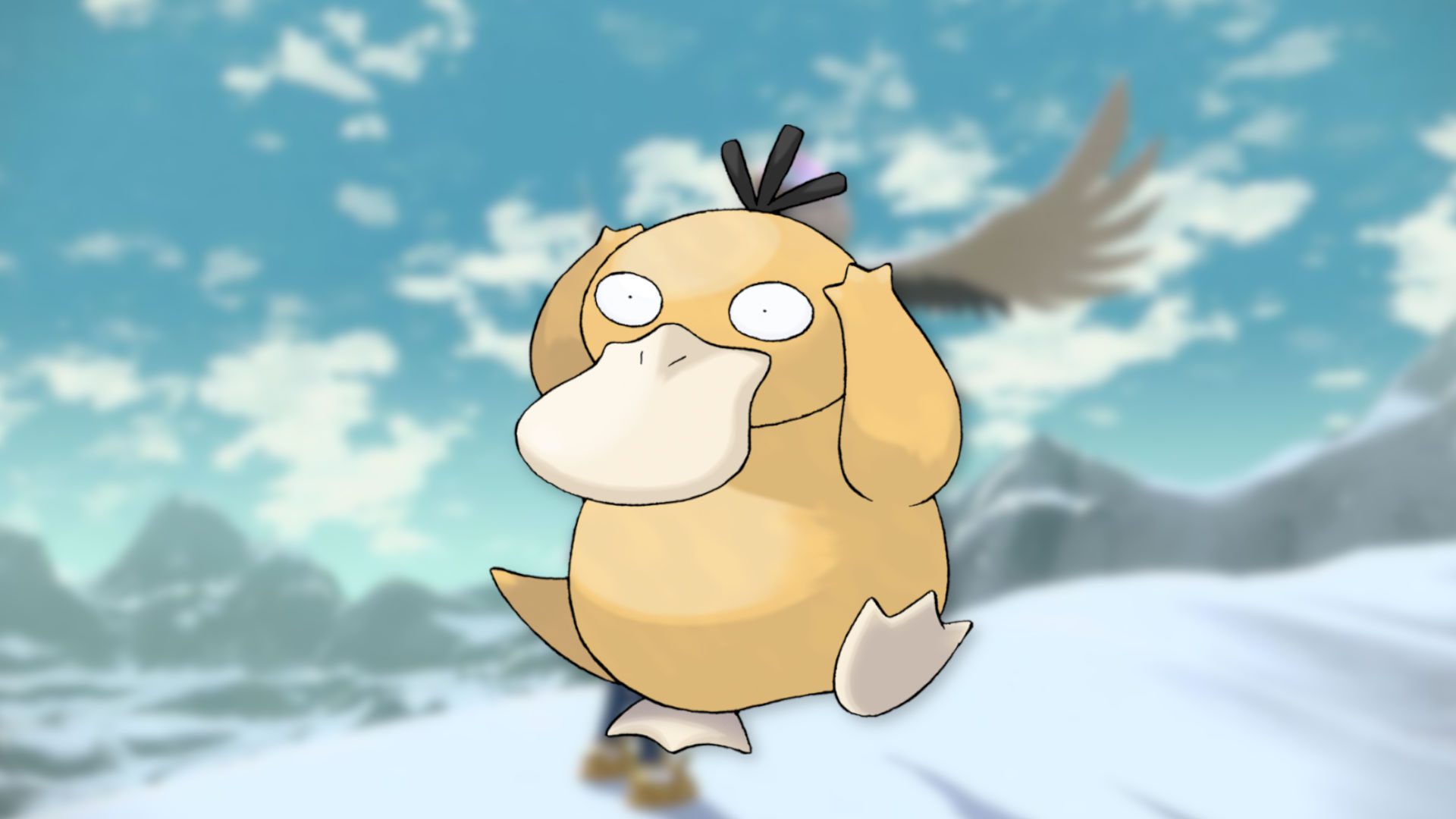 Imagem do pássaro Pokémon Psyduck experimentando uma dor de cabeça e colocando as mãos na cabeça