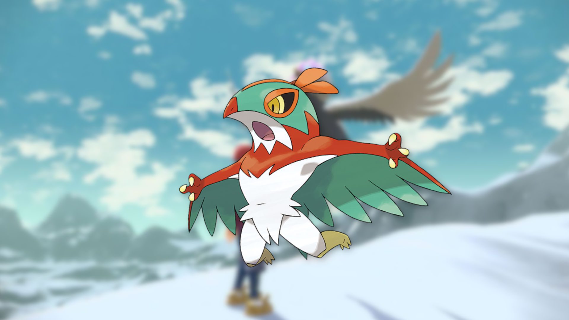 Imagem do pássaro Pokémon Hawlucha lançando-se com suas asas menores