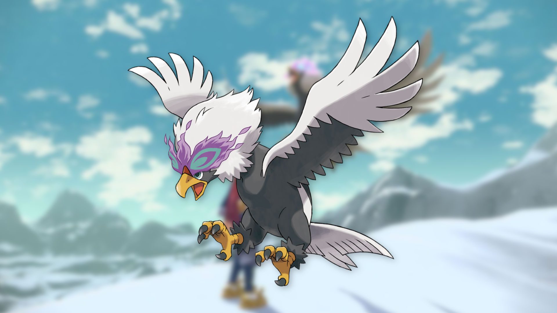 Imagem do pássaro Pokémon Hisuan Braviary com suas largas asas brancas e grandes garras